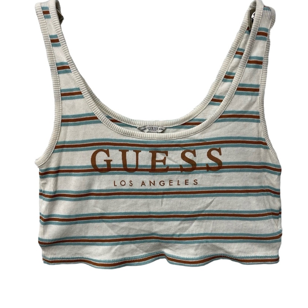GUESS Striped Logo Print Scoop Neck Ribbed Crop Tank Top Womens‎ Medium retro
